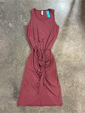Allison Joy Mauve Ruched Knot Front Midi Dress